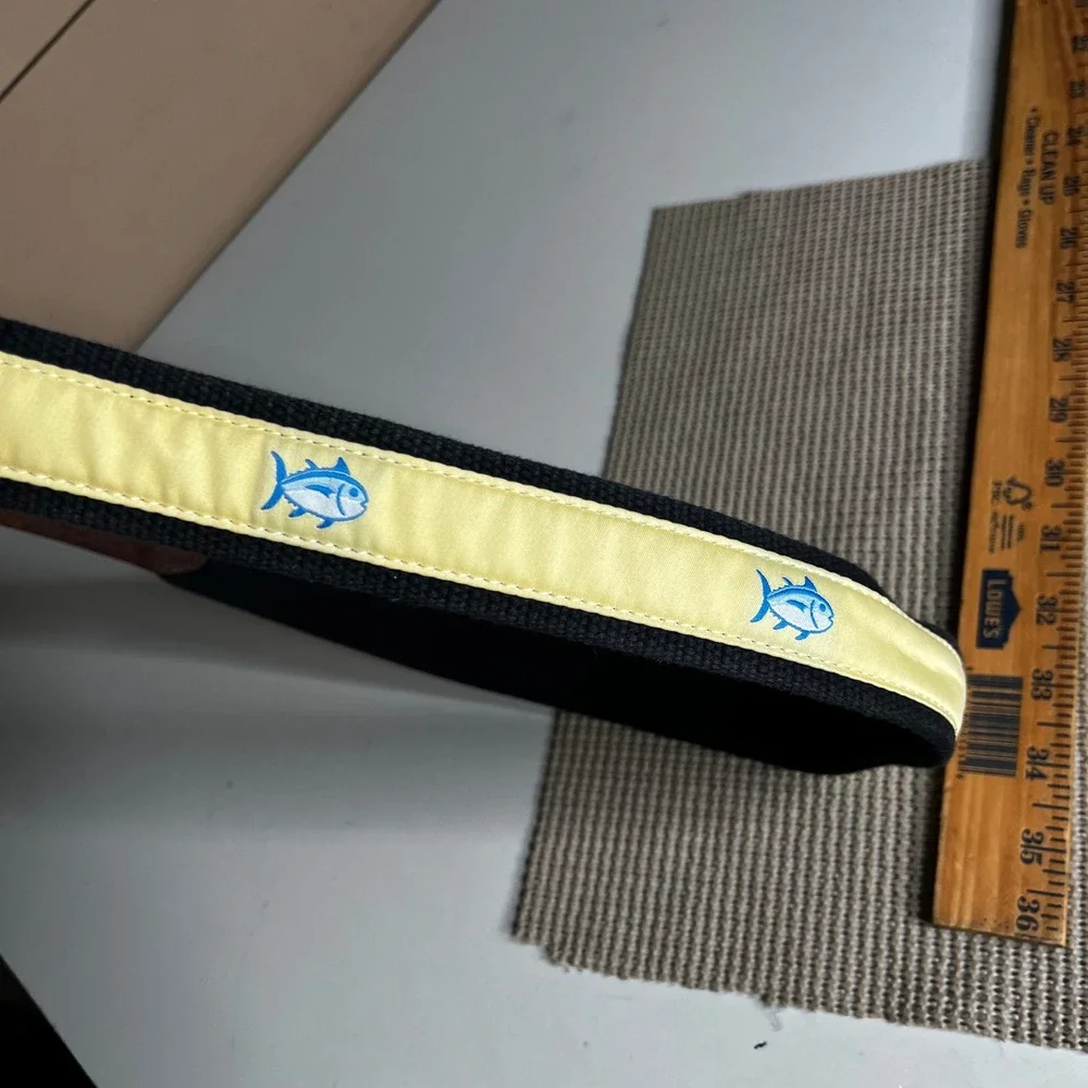 Southern Tide Mens 36 Belt Navy Canvas Yellow Ribbon Skipjack Fish Leather Trim